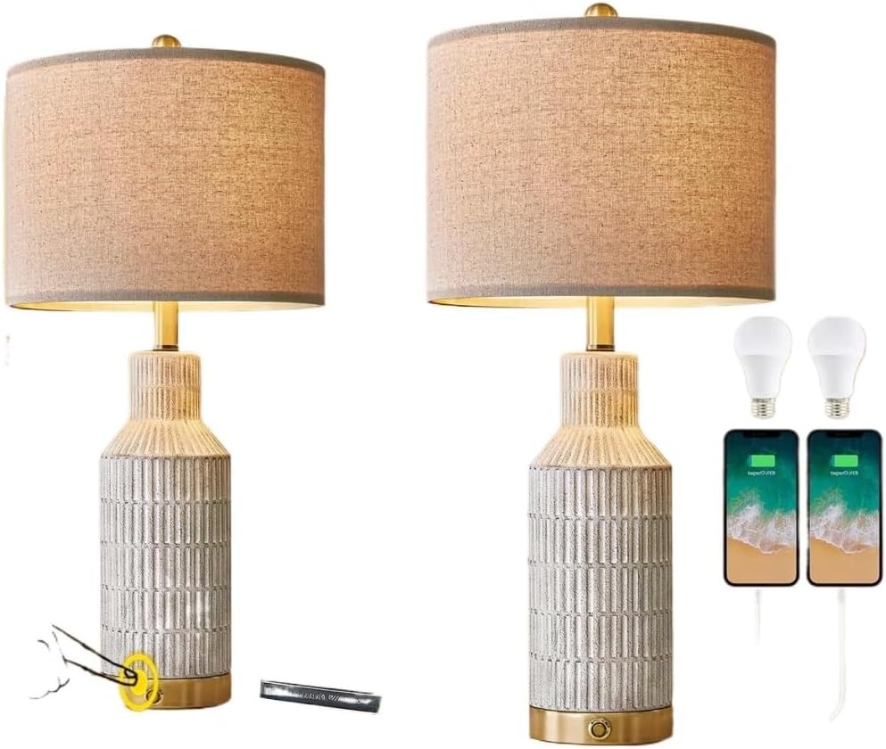 25 Inch Modern Ceramic Table Lamp with Linen Shade for Living Room Bedroom Farmhouse Nightstand Lamp Suitable for bedrooms, Living Rooms, Offices, Book(‎Washed White-1Pack)