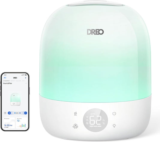 DREO Humidifiers for Bedroom Baby HM409S, Ultra Quiet 28dB & 3L Top Fill Cool Mist Humidifier for Nursery, Smart Air humidifier for Plants Indoor, 1500+ RGB Night Light & Sleep Routine Trainer