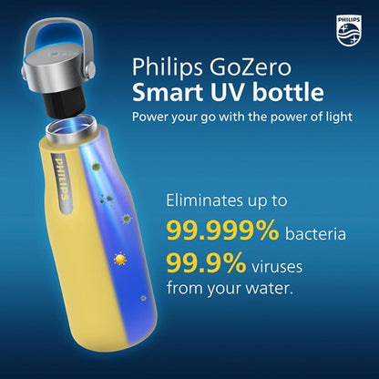 PHILIPS Water GoZero UV Self-Cleaning Smart Water Bottle Vacuum Stainless Steel Insulated Water Bottle with Handle Double-wall, Auto Cleaning, Keep Drink Hot or Cold, BPA Free, Blue, 20 oz