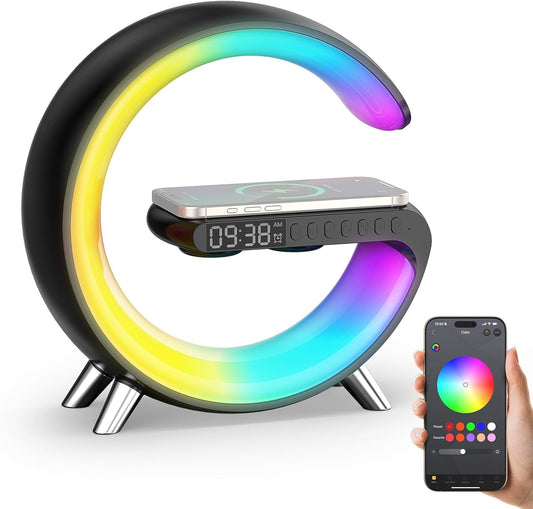 Smiling Shark Wake Up Light, Wireless Charger Atmosphere Desk Light with Bluetooth Speaker White Noise App Control Dimmable Sunrise & Sunset Simulation Dual Alarm Clock Smart Light for Home Decor