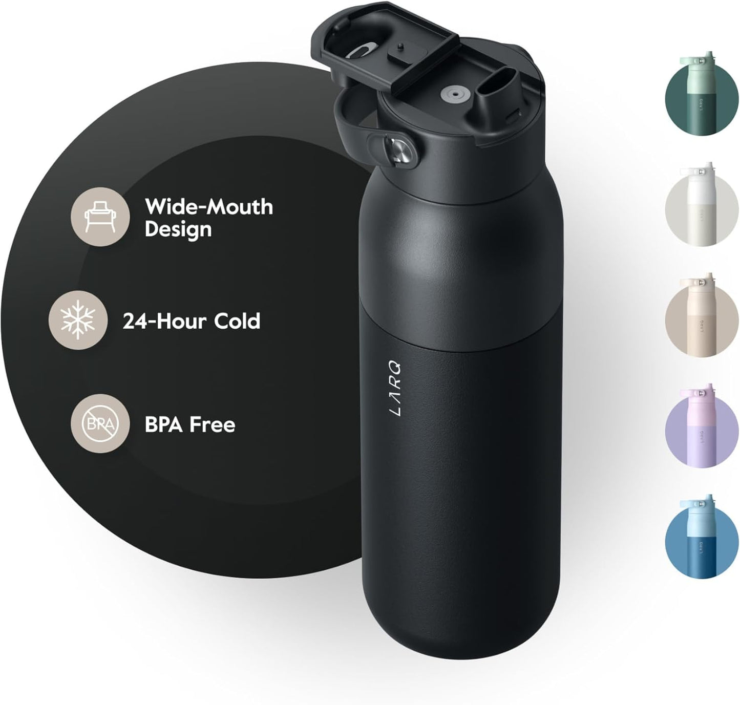 LARQ Bottle Swig Top 34oz - Insulated Stainless Steel Water Bottle With Built-In Silicone Handle | BPA Free | Reusable Water Bottle for Sports, Gym, and Travel, Obsidian Black