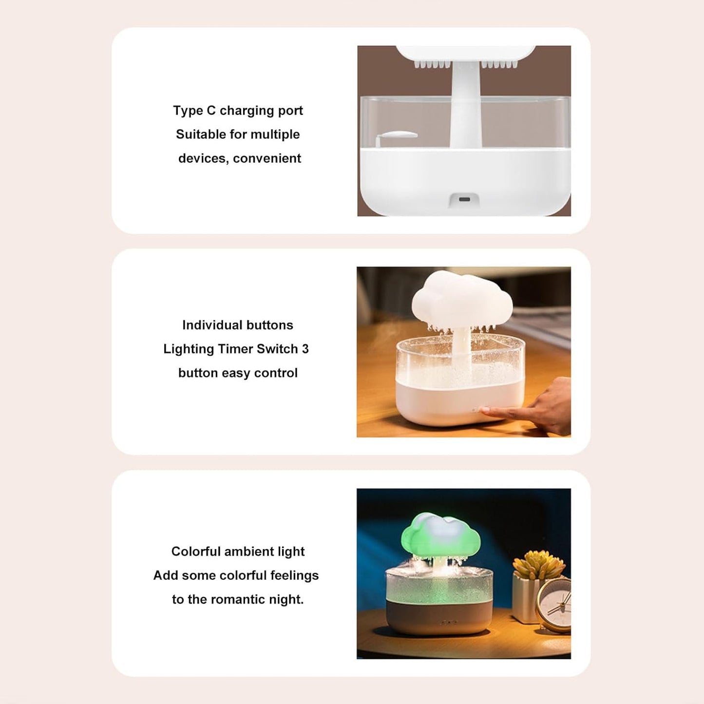Humidifier for Bedroom and Plants, Mist Humidifier, 200ml Cloud Humidifier USB LED Lights Effective Dryness Relief Raindrop Aromatherapy Diffuser