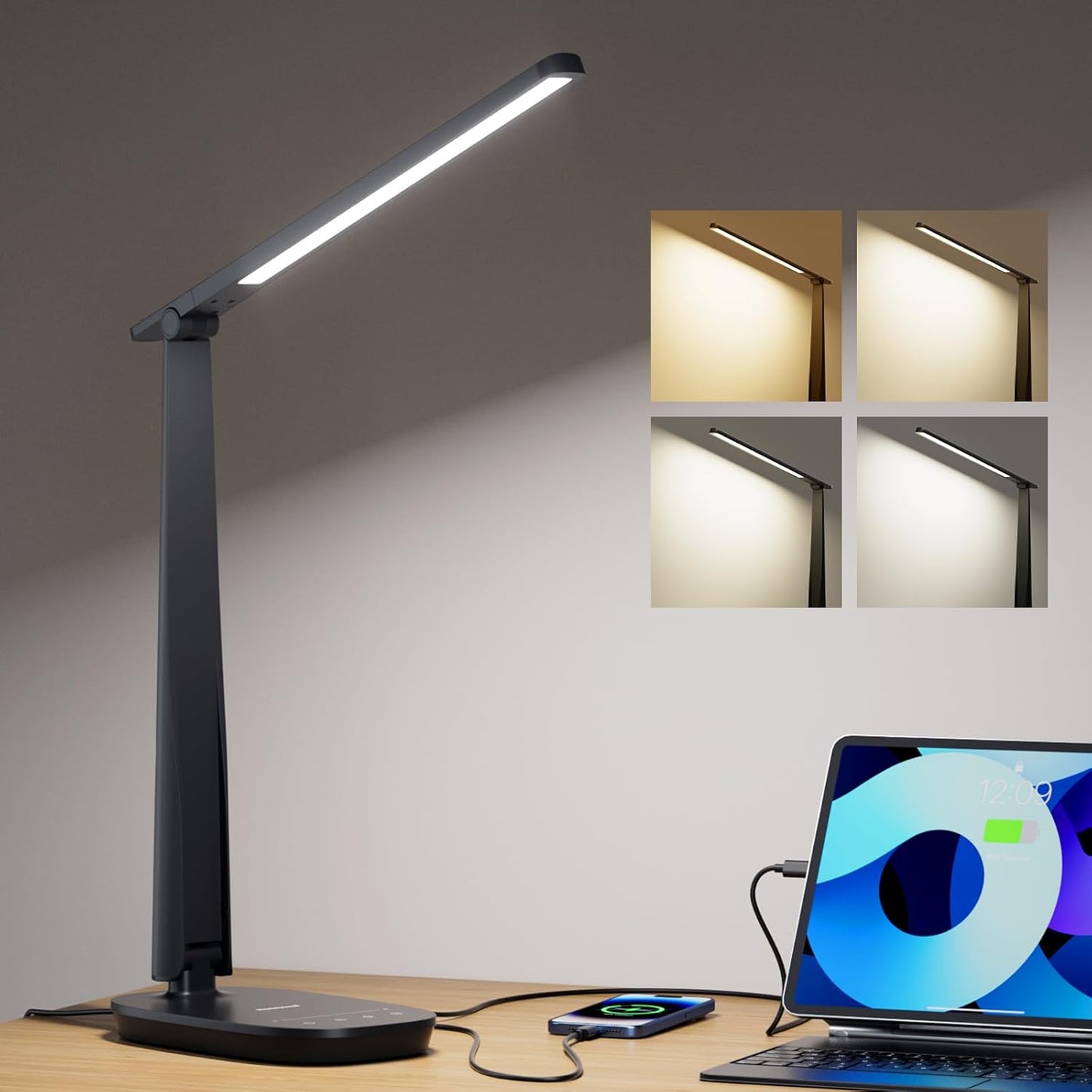 Honeywell LED Desk Lamp for Home Office, Dimmable & 4 Color Modes, USB A+C Dual Charging, Eye-Caring LED Light with Timer, Black