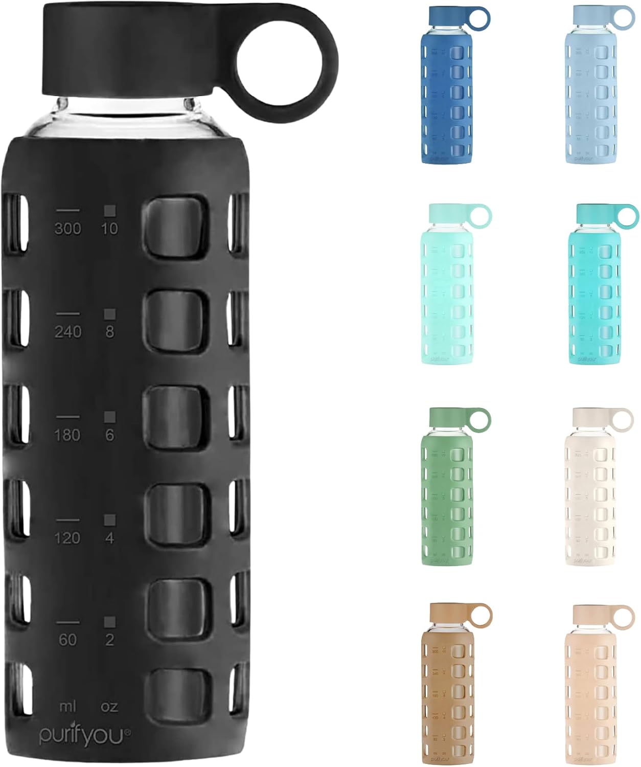 purifyou 40oz / 32oz / 22oz / 12oz Borosilicate Glass Water Bottle with Time & Volume Markers, Silicone Sleeve, Stainless Steel Lid | Reusable Glass Bottle for Water & Juice (40oz Jet Black)