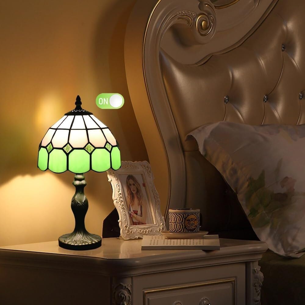 15 Inch Vintage Table Lamp with Stained Glass Lampshade for Reading Living Room Bedroom Office Decoration Suitable for bedrooms, Living Rooms, Offices, Book(Green)