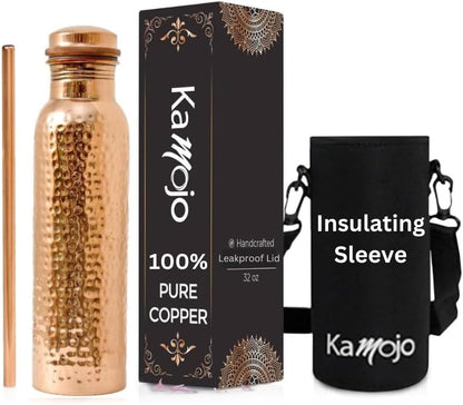 Copper Water Bottle for Drinking - Hammered 100% Pure Copper Tumbler with Leak Proof Lid, Removable Insulating Sleeve & Straw - Handcrafted Ayurvedic Cup for Water 32 fl oz