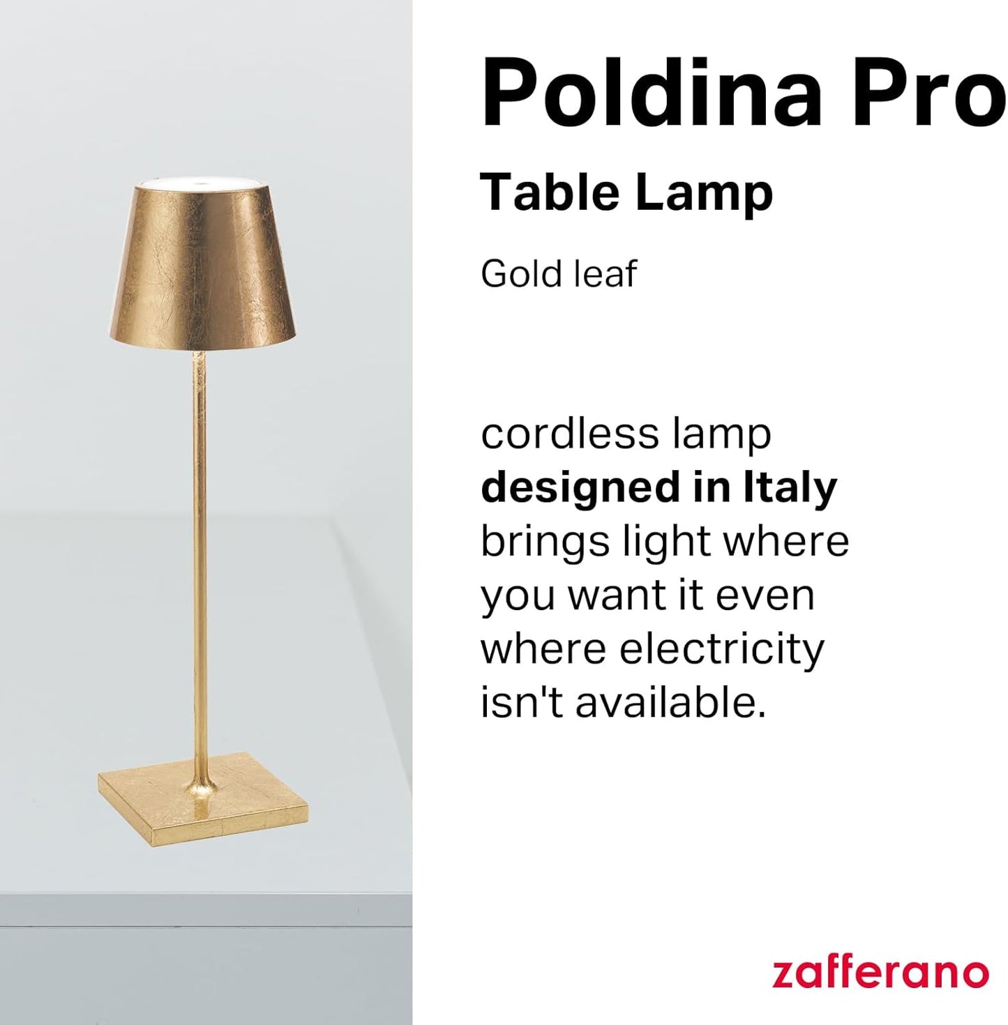 Zafferano, Poldina Pro Lamp, Rechargeable Cordless Table Lamp with Touch Controls, Suitable for Indoor and Outdoor, Dimmer, 2200-3000 K, Height 14.9 Inches, White Color