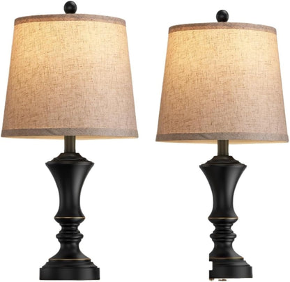 22-inch Vintage Table Lamp Set of 2, Linen Shade, Resin Base, Suitable for Bedroom Bedside Living Room Lamp Suitable for bedrooms, Living Rooms, Offices, Book(Retro Brown)