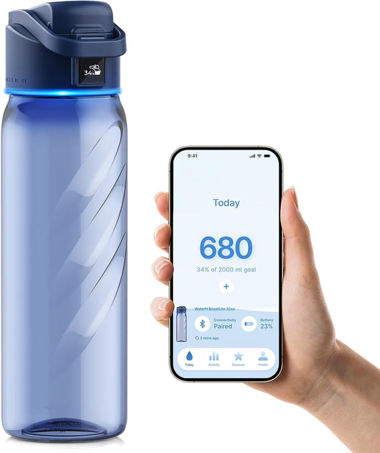 BOOST LITE Smart Water Bottle with Reminder to Drink Water, Motivate & Tracking Hydration Water Bottle with App, 32 oz Tritan BPA-Free Plastic Water Bottles for Gym, School, Office - Blue