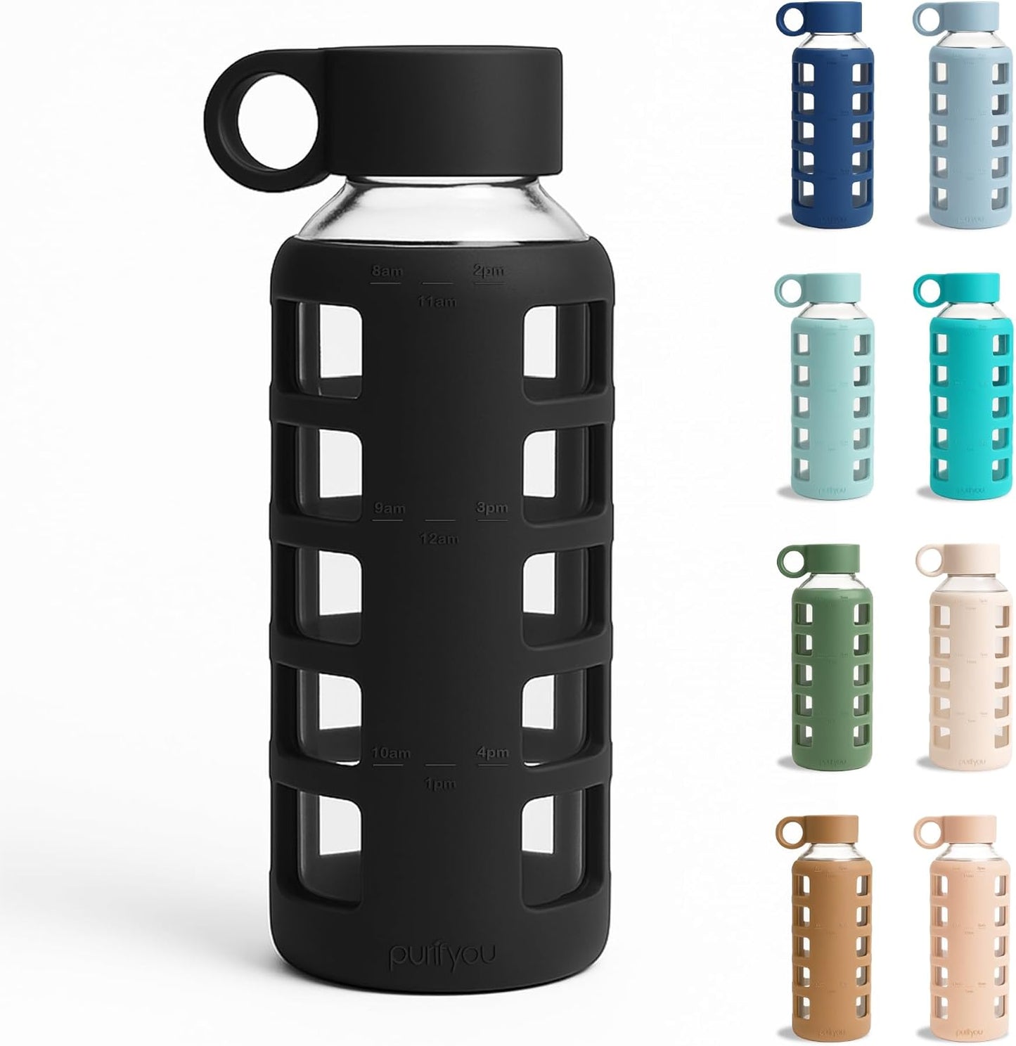purifyou 40oz / 32oz / 22oz / 12oz Borosilicate Glass Water Bottle with Time & Volume Markers, Silicone Sleeve, Stainless Steel Lid | Reusable Glass Bottle for Water & Juice (40oz Jet Black)
