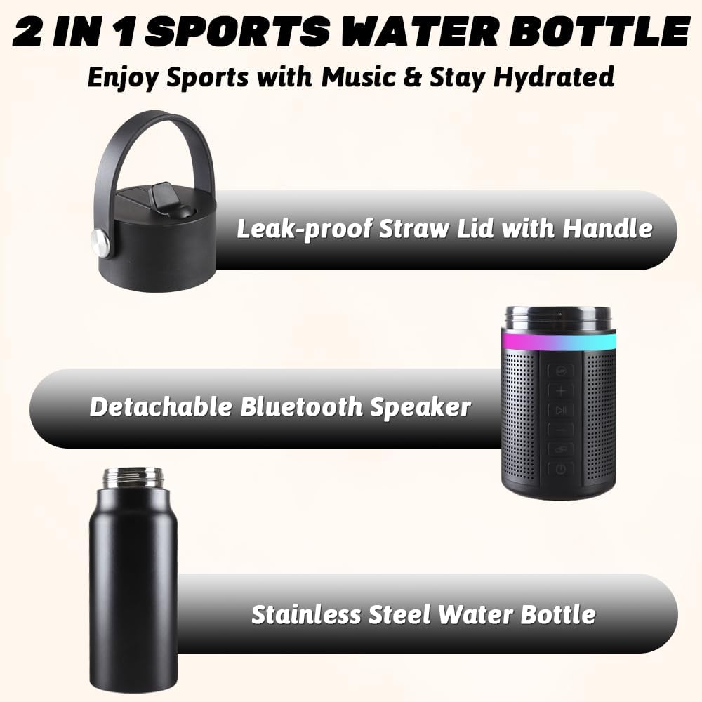 JBM Insulated Water Bottle with Bluetooth Speaker, Leak Proof Straw Lid, RGB LED Lights Stainless Steel Water Bottle for Sports (White)