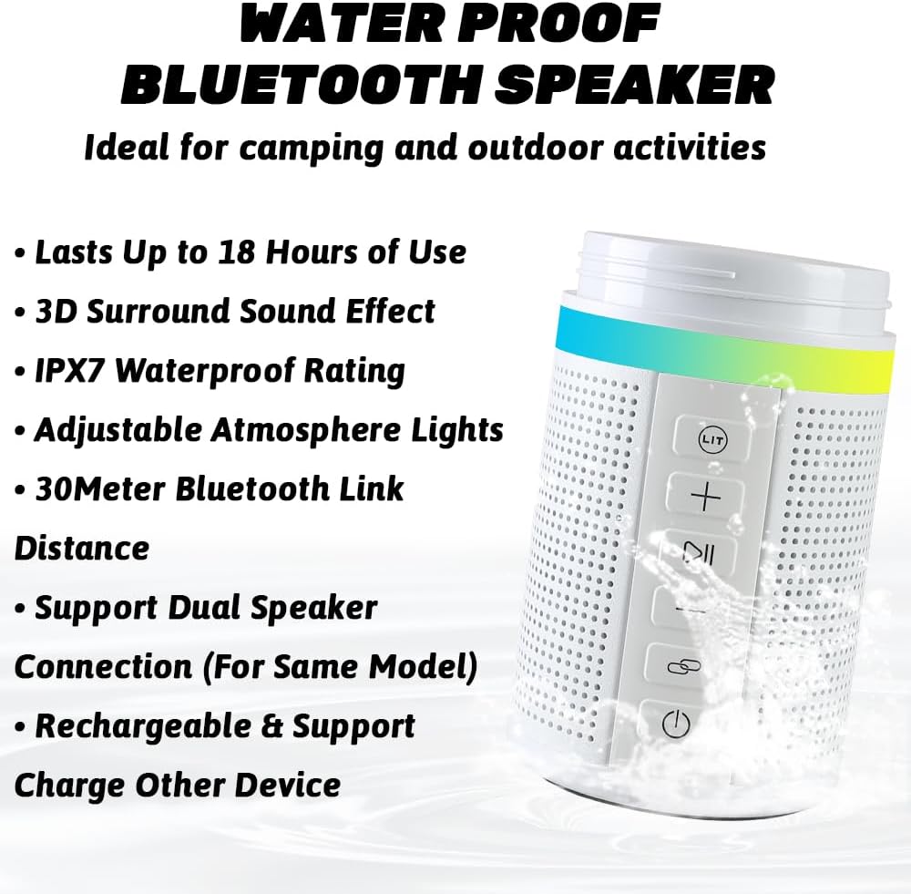 JBM Insulated Water Bottle with Bluetooth Speaker, Leak Proof Straw Lid, RGB LED Lights Stainless Steel Water Bottle for Sports (White)