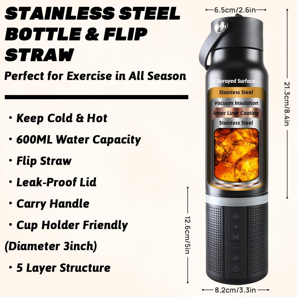 JBM Insulated Water Bottle with Bluetooth Speaker, Leak Proof Straw Lid, RGB LED Lights Stainless Steel Water Bottle for Sports (White)