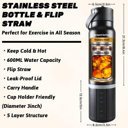 JBM Insulated Water Bottle with Bluetooth Speaker, Leak Proof Straw Lid, RGB LED Lights Stainless Steel Water Bottle for Sports (White)