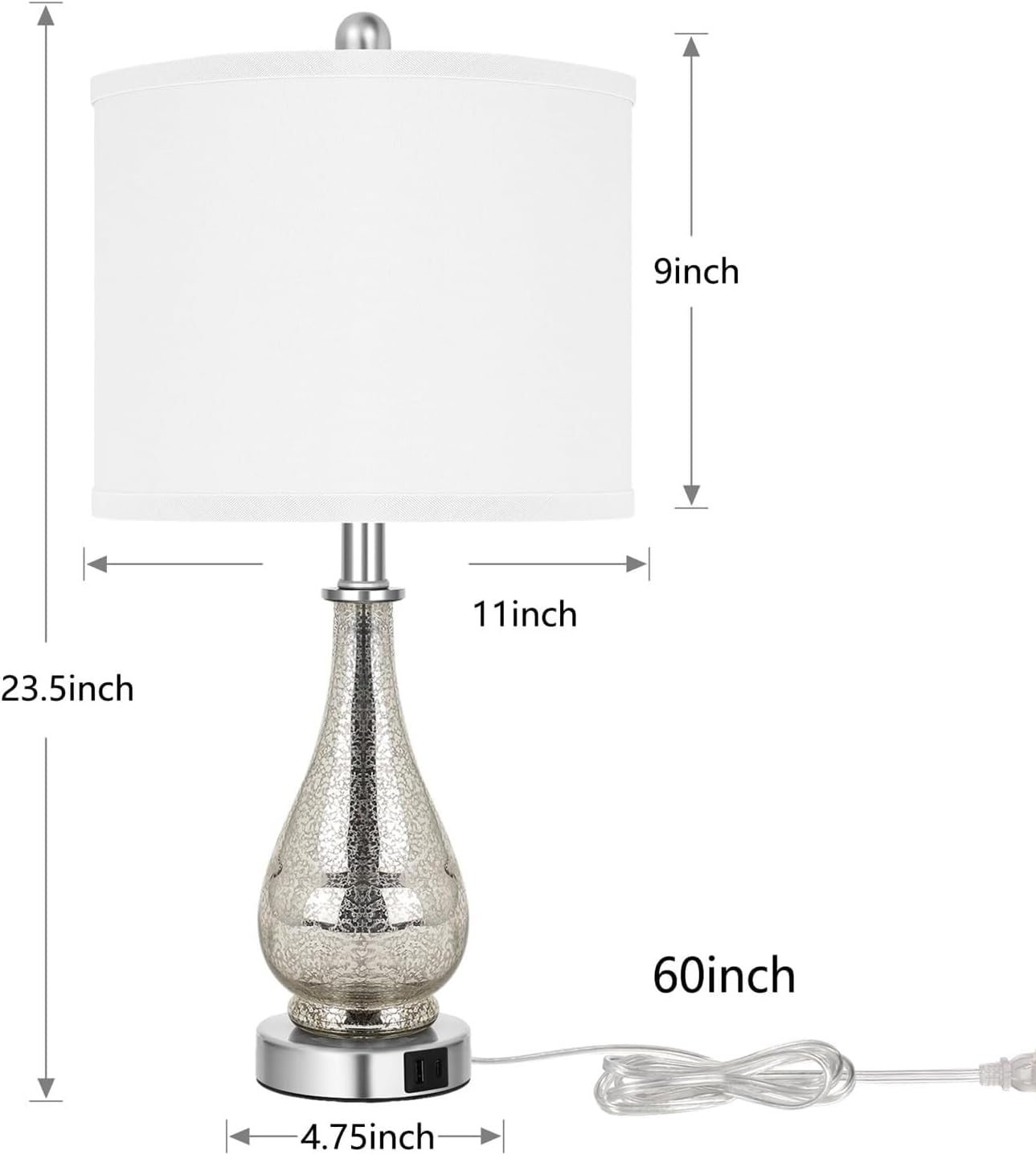 23.5-inch Glass Table Lamp 2-Pack with USB C+A 5V 2.1A Charging Port for Bedroom Living Room Home Bedside Table Lamp Suitable for bedrooms, Living Rooms, Offices, Book