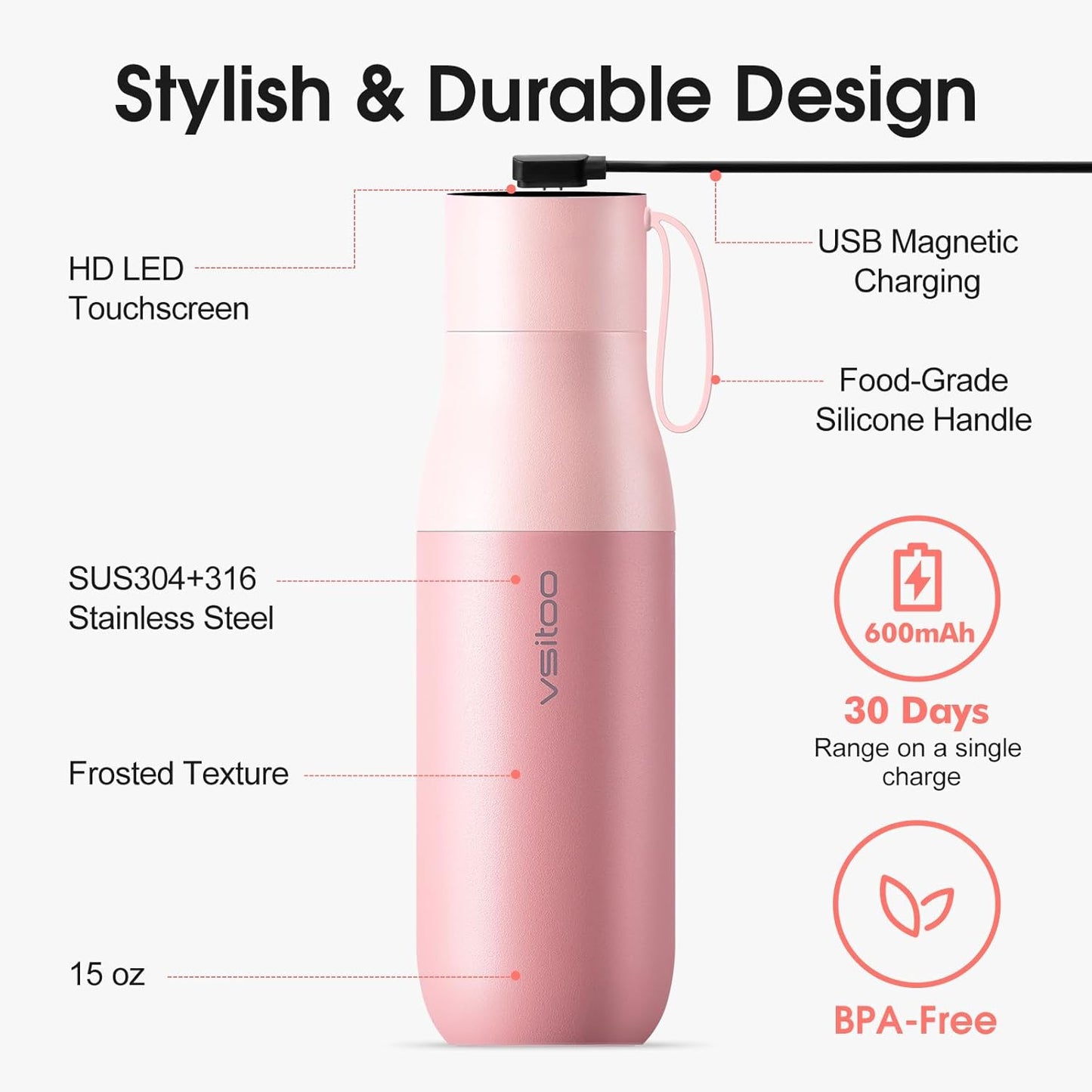 VSITOO Self-Cleaning Smart Water Bottle (pink, 15 Ounce)
