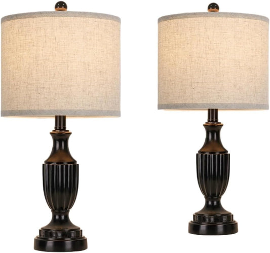 22" Farmhouse Table Lamp 2-Pack, Resin Base with Linen Shade, Suitable for Living Room Or Bedroom Side Table(Black)