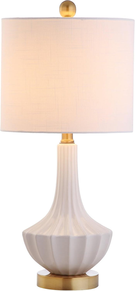 21.5" Modern Ceramic LED Table Lamp with Cotton Shade for Office, Living Room, Dining Room, Bedroom, Brass/White Suitable for bedrooms, Living Rooms, Offices, Book