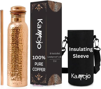 Copper Water Bottle for Drinking - Hammered 100% Pure Copper Tumbler Cup with Leak Proof Lid, Removable Insulating Sleeve & Straw - Handcrafted Ayurvedic Cup for Water 32 fl oz