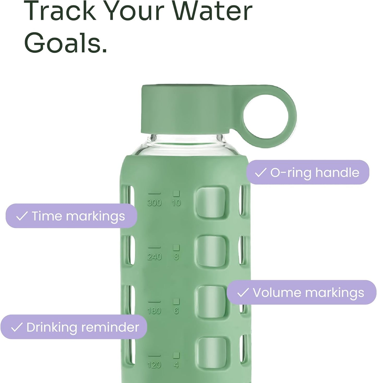 purifyou 40oz / 32oz / 22oz / 12oz Borosilicate Glass Water Bottle with Time & Volume Markers, Silicone Sleeve, Stainless Steel Lid | Reusable Glass Bottle for Water & Juice (40oz Jet Black)