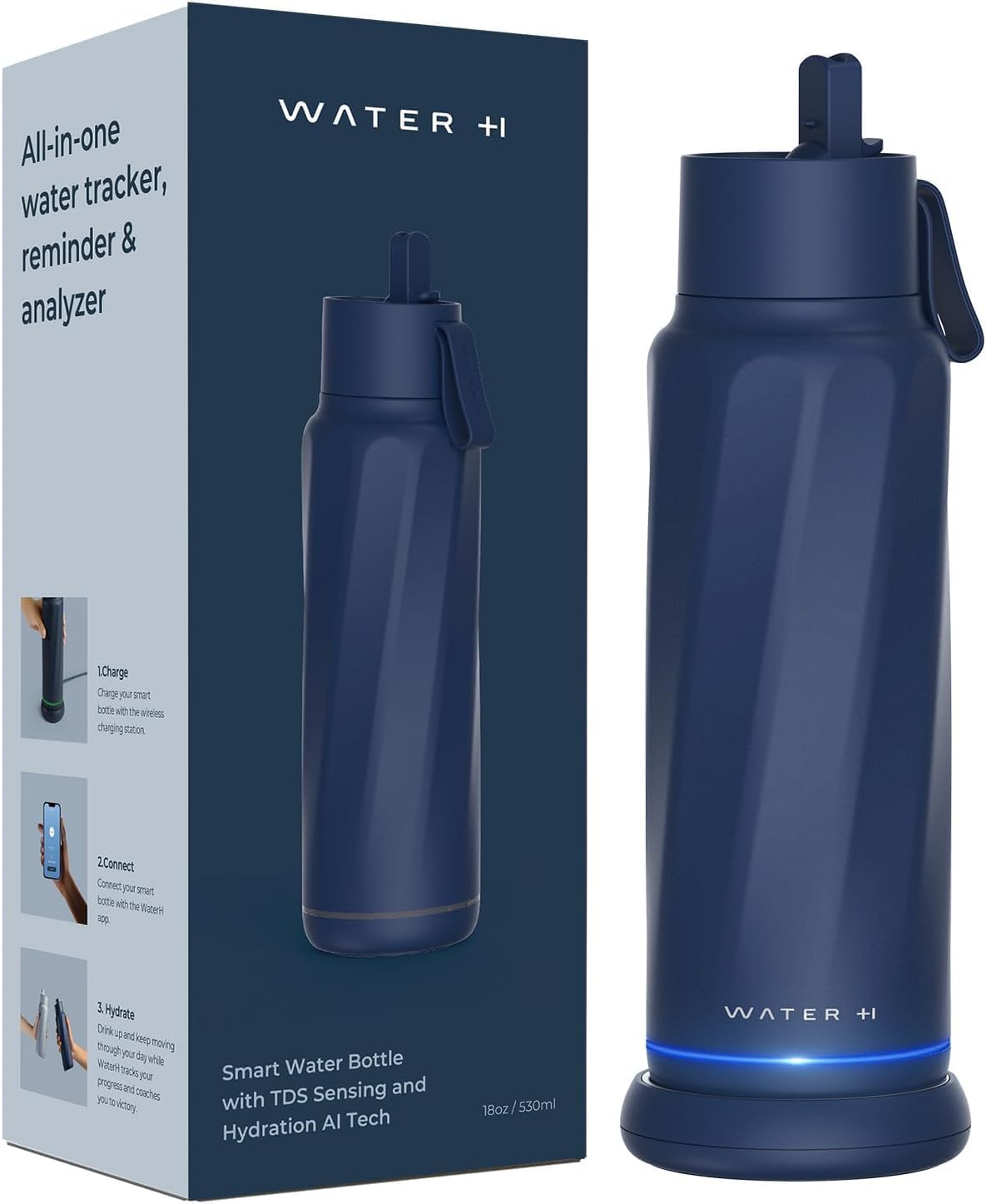 WATERH Vita Smart Water Bottle with Reminder to Drink Water, BPA-Free Vacuum Insulated Water Bottles with Straw, Bluetooth Intake Water Tracking Bottle, Ideal for Gift (18 oz)