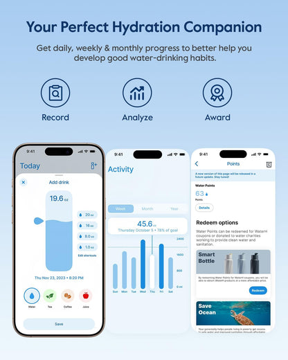 WATERH Boost Smart Water Bottle with Reminder to Drink Water, 24oz BPA-Free Stainless Steel Vacuum Insulated Water Bottle, Wide Mouth Water Tracker Bottle with APP, Ideal for Gift