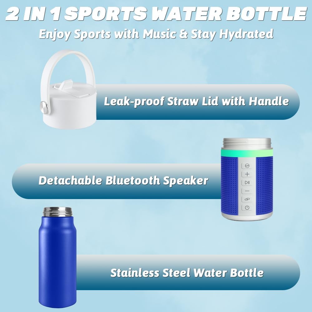 JBM Insulated Water Bottle with Bluetooth Speaker, Leak Proof Straw Lid, RGB LED Lights Stainless Steel Water Bottle for Sports (White)