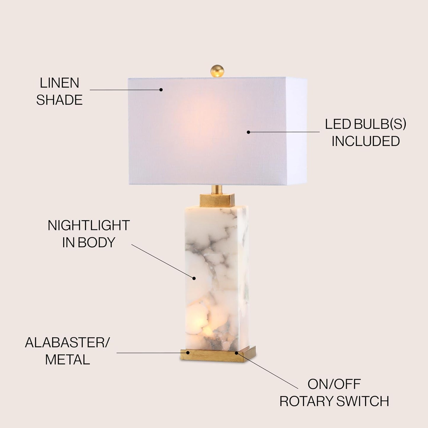 JONATHAN Y JYL6201A Elizabeth 27.5" Alabaster LED Table Lamp Coastal Contemporary Bedside Desk Nightstand Lamp for Bedroom Living Room Office College Bookcase LED Bulb Included, White/Gold Leaf