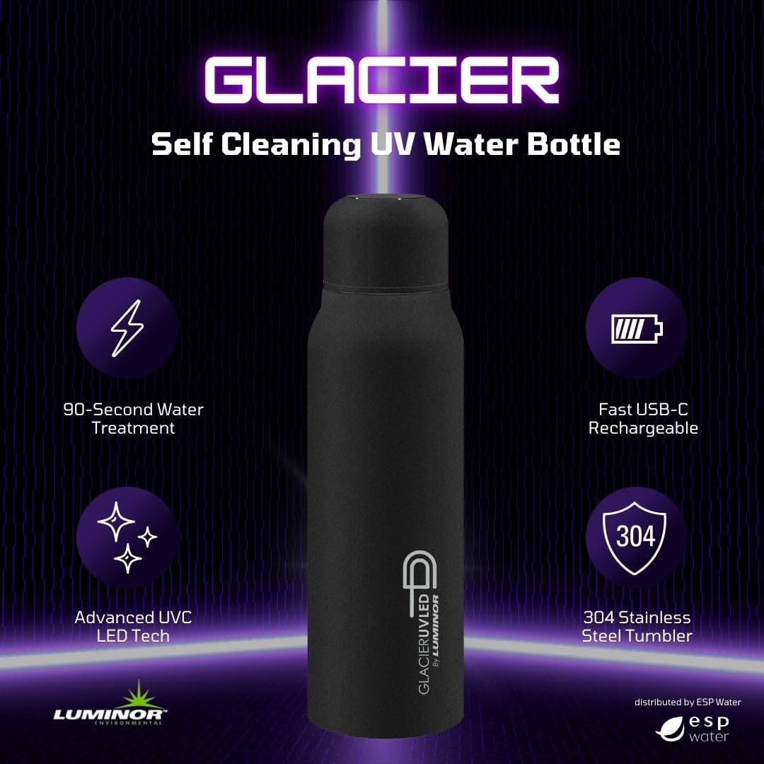 Luminor Glacier UV Self-Cleaning Water Bottle – 20 oz Rechargeable Stainless Steel Insulated Tumbler, Portable UVC Fast 90-Second Water Cleaner, USB-C Charging - for Travel, Hiking, Cycling