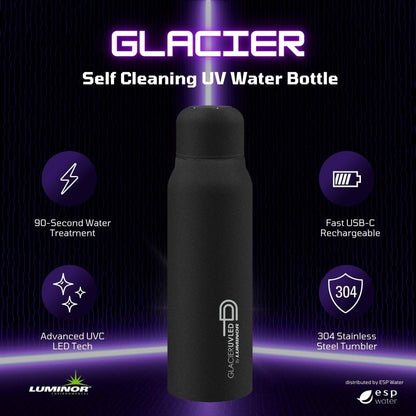 Luminor Glacier UV Self-Cleaning Water Bottle – 20 oz Rechargeable Stainless Steel Insulated Tumbler, Portable UVC Fast 90-Second Water Cleaner, USB-C Charging - for Travel, Hiking, Cycling
