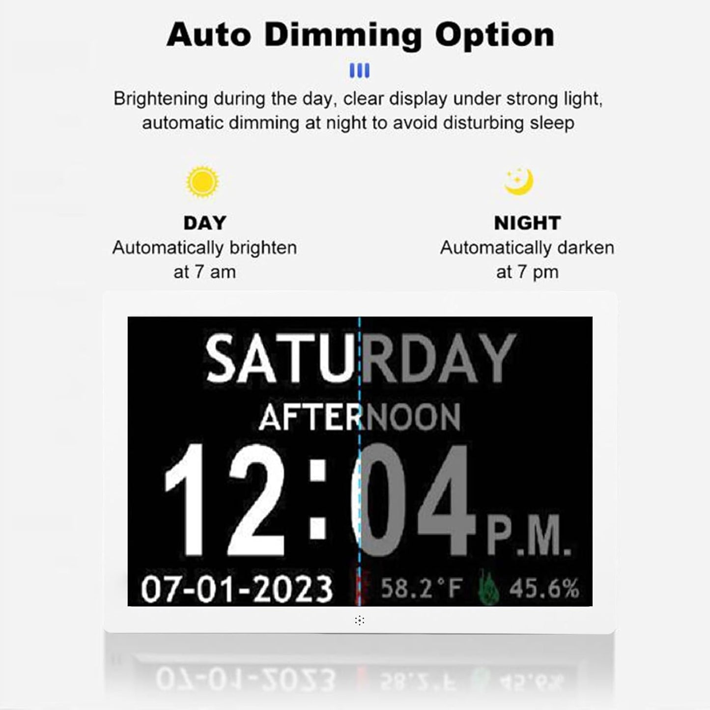 Asixxsix 10 Inch Digital Smart Clock with Day and Date, Large Display Digital Calendar Alarm with 12 Alarm Reminders, Auto Dimming Alarm Clock Built in Image and Video Playback