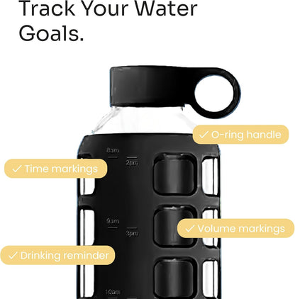 purifyou 40oz / 32oz / 22oz / 12oz Borosilicate Glass Water Bottle with Time & Volume Markers, Silicone Sleeve, Stainless Steel Lid | Reusable Glass Bottle for Water & Juice (40oz Jet Black)