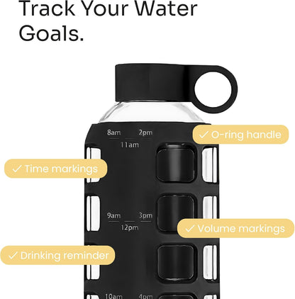 purifyou 40oz / 32oz / 22oz / 12oz Borosilicate Glass Water Bottle with Time & Volume Markers, Silicone Sleeve, Stainless Steel Lid | Reusable Glass Bottle for Water & Juice (40oz Jet Black)