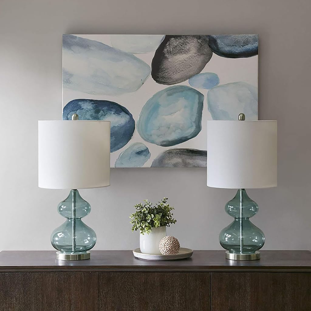 2 Pc 5DS153-0018 Ellipse Desk Lamp Modern Luxe Design Metal Silver Base Fabric Drum Shade for Living Room Office Desk Kids Reading Working, Blue