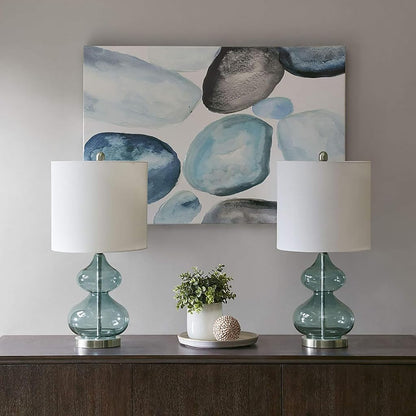 2 Pc 5DS153-0018 Ellipse Desk Lamp Modern Luxe Design Metal Silver Base Fabric Drum Shade for Living Room Office Desk Kids Reading Working, Blue