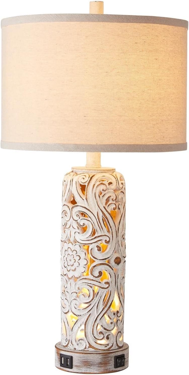 25-inch Antique White Resin Table Lamp with Dual USB Ports for Living Room Or Bedroom, Light Bulb Included Suitable for Living Room, Dormitory, Office,(Wash White)