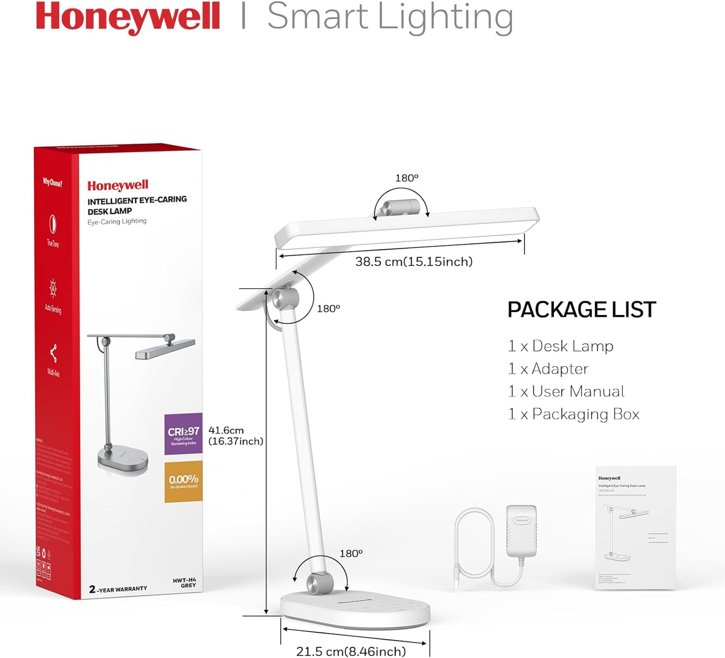 Honeywell Desk Lamp for Home Office, H9 Sunturalux™ Eye-Caring LED Desk Light, 1000LM Dimmable Desk Lamp with Timer and Auto-Sensing, Adjustable Desk Reading Light or Study, Cumputer, Architect