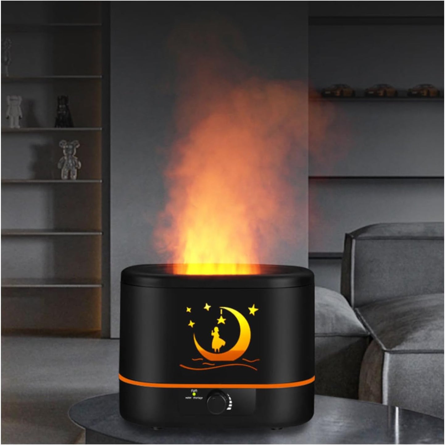 Flame Aroma Diffuser,Humidifier And Air Purifier In 1,Simulated Flame Night Light,Add Water To The Top,Power Off When There Is No Water,Silent Humidification for Baby Home Office,Black,A Moon