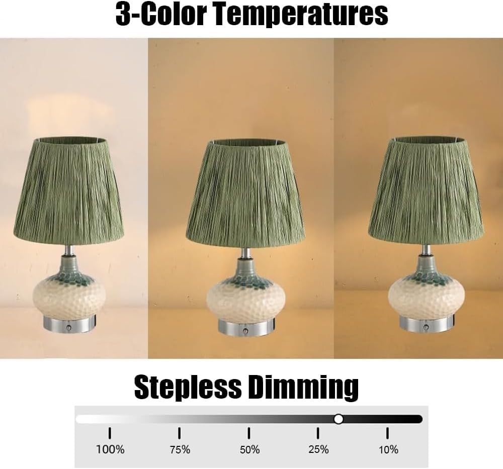 Farmhouse Table Lamp with Dimming Bulb, Green Bedside Light with Raffia Lampshades, Ceramic Night Stand Lamps for Living Room Study Office,1 Pack(2 Pack)
