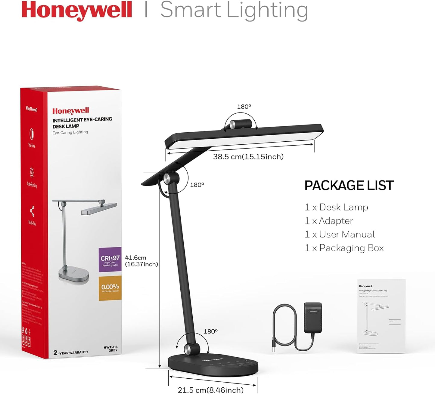Honeywell Desk Lamp for Home Office, H9 Sunturalux™ Eye-Caring LED Desk Light, 1000LM Dimmable Desk Lamp with Timer and Auto-Sensing, Adjustable Desk Reading Light or Study, Cumputer, Architect
