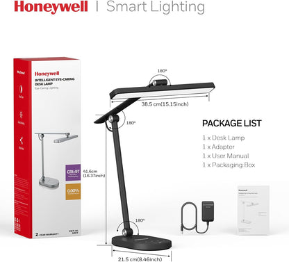 Honeywell Desk Lamp for Home Office, H9 Sunturalux™ Eye-Caring LED Desk Light, 1000LM Dimmable Desk Lamp with Timer and Auto-Sensing, Adjustable Desk Reading Light or Study, Cumputer, Architect