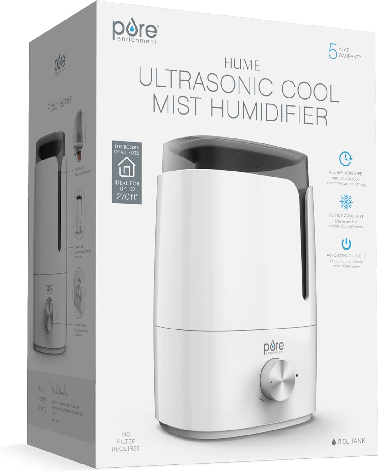 Pure Enrichment HUME Ultrasonic Cool Mist Humidifier - Easy-Clean 3.5L Tank Lasts up to 50 Hours; Whisper Quiet, & Auto Shut-Off for Large Living Rooms, Basements, Bedrooms, Nurseries, & Plants