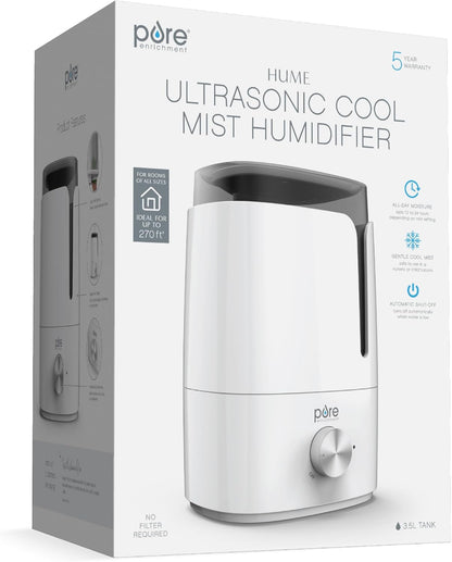 Pure Enrichment HUME Ultrasonic Cool Mist Humidifier - Easy-Clean 3.5L Tank Lasts up to 50 Hours; Whisper Quiet, & Auto Shut-Off for Large Living Rooms, Basements, Bedrooms, Nurseries, & Plants