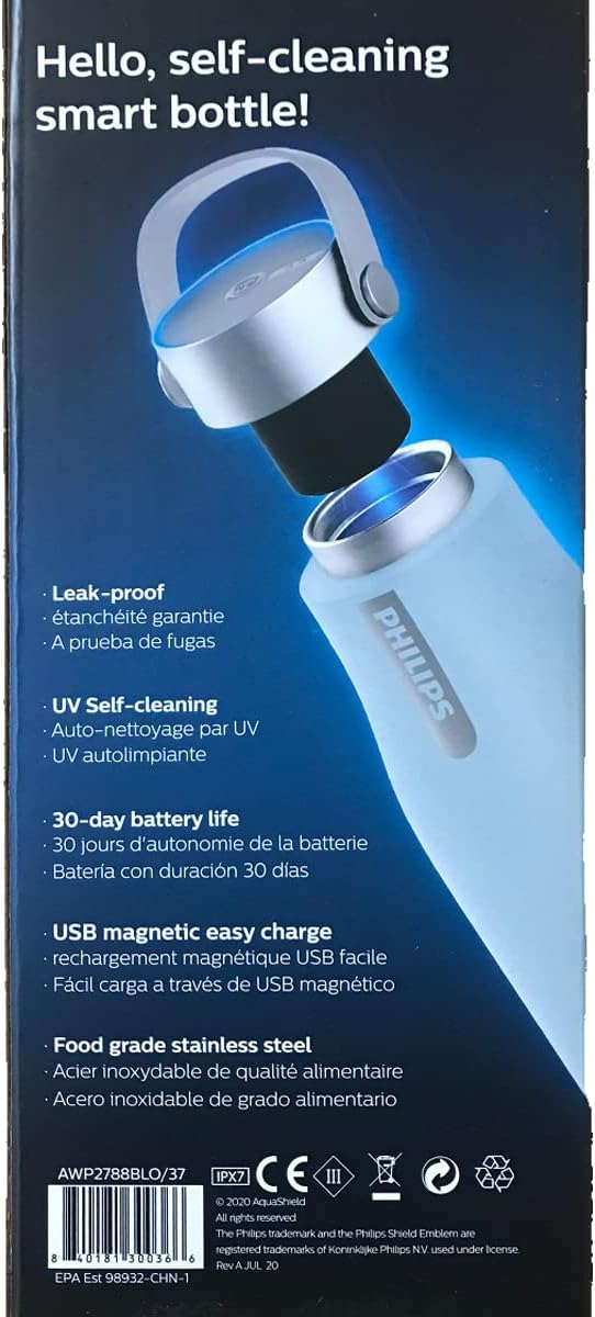 PHILIPS Water GoZero UV Self-Cleaning Smart Water Bottle Vacuum Stainless Steel Insulated Water Bottle with Handle Double-wall, Auto Cleaning, Keep Drink Hot or Cold, BPA Free, Blue, 20 oz