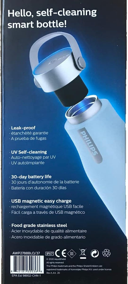 PHILIPS Water GoZero UV Self-Cleaning Smart Water Bottle Vacuum Stainless Steel Insulated Water Bottle with Handle Double-wall, Auto Cleaning, Keep Drink Hot or Cold, BPA Free, Blue, 20 oz