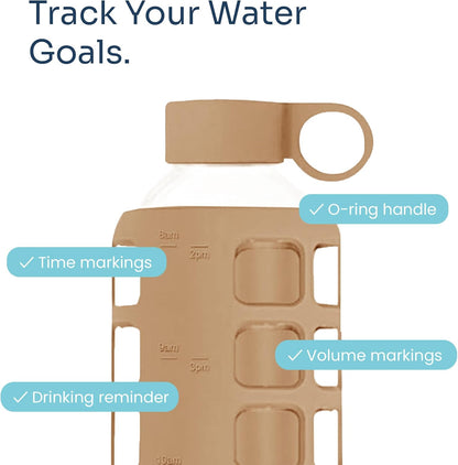 purifyou 40oz / 32oz / 22oz / 12oz Borosilicate Glass Water Bottle with Time & Volume Markers, Silicone Sleeve, Stainless Steel Lid | Reusable Glass Bottle for Water & Juice (40oz Jet Black)