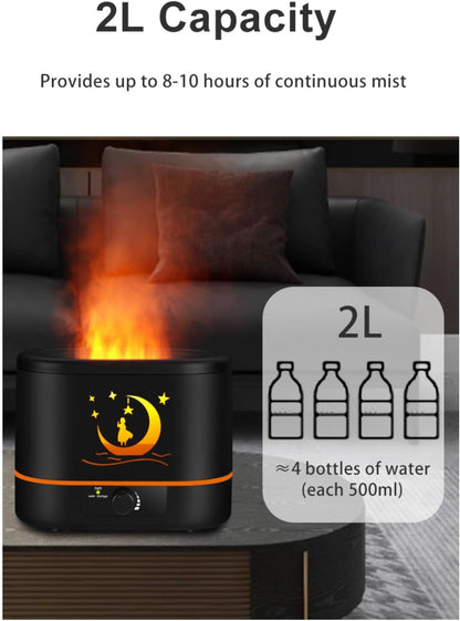 Flame Aroma Diffuser,Humidifier And Air Purifier In 1,Simulated Flame Night Light,Add Water To The Top,Power Off When There Is No Water,Silent Humidification for Baby Home Office,Black,A Moon