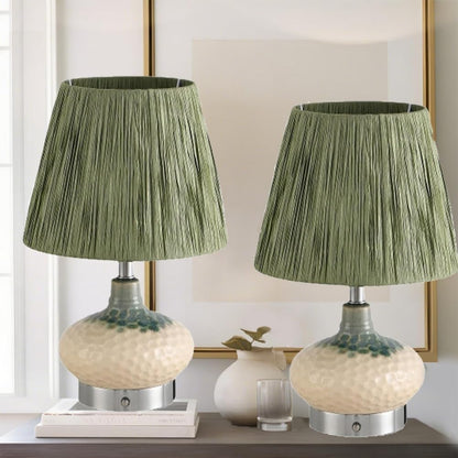 Farmhouse Table Lamp with Dimming Bulb, Green Bedside Light with Raffia Lampshades, Ceramic Night Stand Lamps for Living Room Study Office,1 Pack(2 Pack)