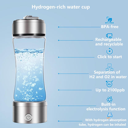 Portable Hydrogen Water Bottle Generator – 380ml Rechargeable PEM Molecular Hydrogen Water Machine | Smart Glass Hydrogen Water Bottle for Travel, Fitness & Daily Hydration