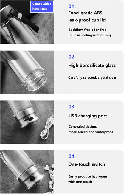 Rechargeable PEM Hydrogen Water Bottle Generator – 410ml Glass Hydrogenated Water Machine, Smart Portable Hydrogen Water Bottle for Fitness, Travel, and Daily Use
